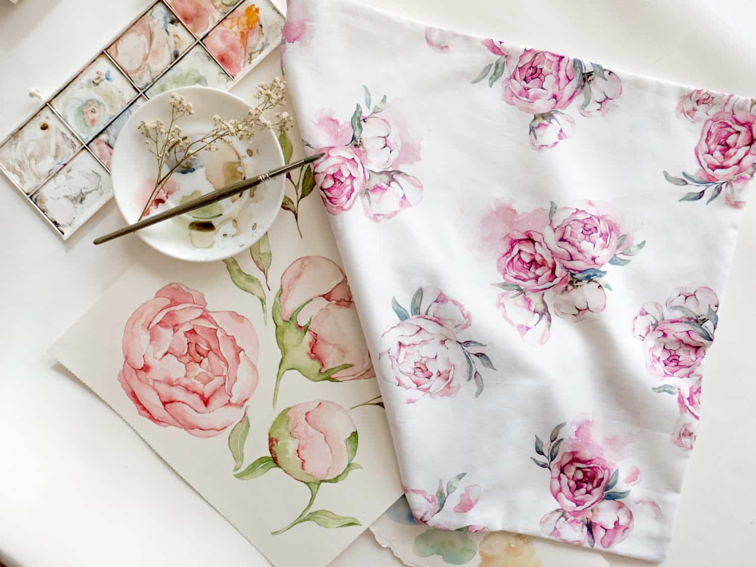 watercolor illustration in peonies transferred to the fabric 