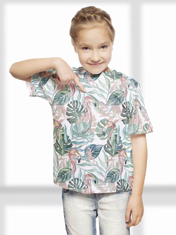 koszulka dziewczęca we wzór akwarelowy z motywem flamingów i liści palmowych do pobrania